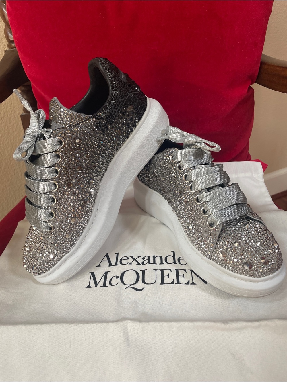 Alexander McQueen almost new  Silver Crystal-Embellished Low-Top Sneakers